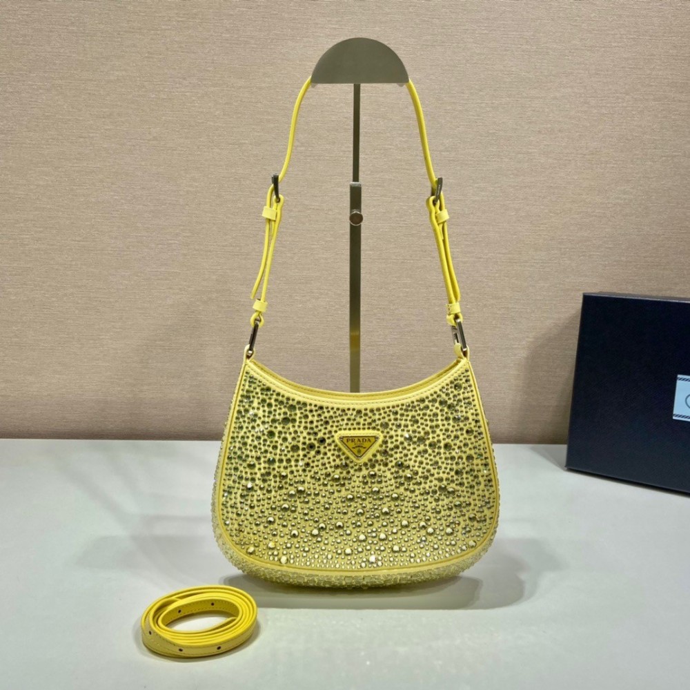 Prada Cleo Bag In Yellow Satin with Cystal Appliques LDBS244670