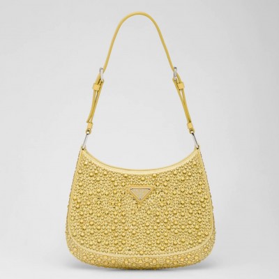 Prada Cleo Bag In Yellow Satin with Cystal Appliques LDBS244670