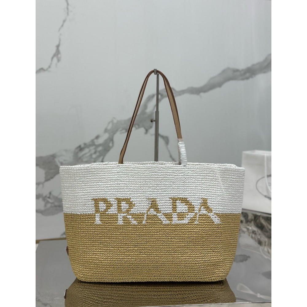 Prada Crochet Large Tote Bag in Beige/White Raffia-effect Yarn LDBS244695