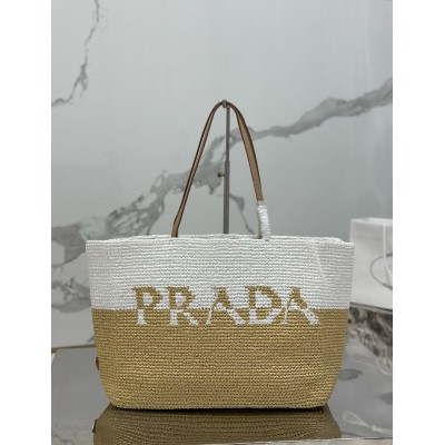 Prada Crochet Large Tote Bag in Beige/White Raffia-effect Yarn LDBS244695