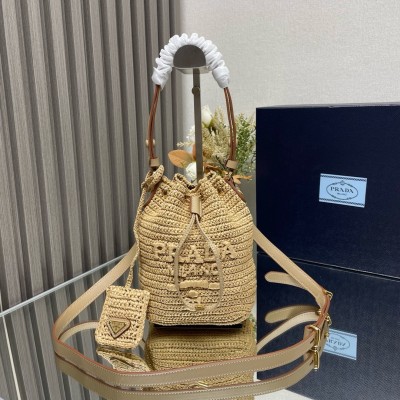 Prada Crochet Mini Bucket Bag in Natural Raffia-effect Yarn LDBS244696