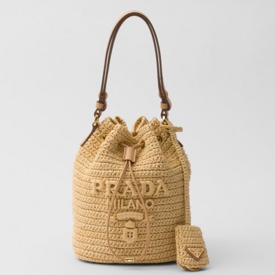 Prada Crochet Mini Bucket Bag in Natural Raffia-effect Yarn LDBS244696