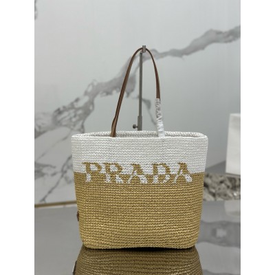 Prada Crochet Small Tote Bag in Beige/White Raffia-effect Yarn LDBS244698