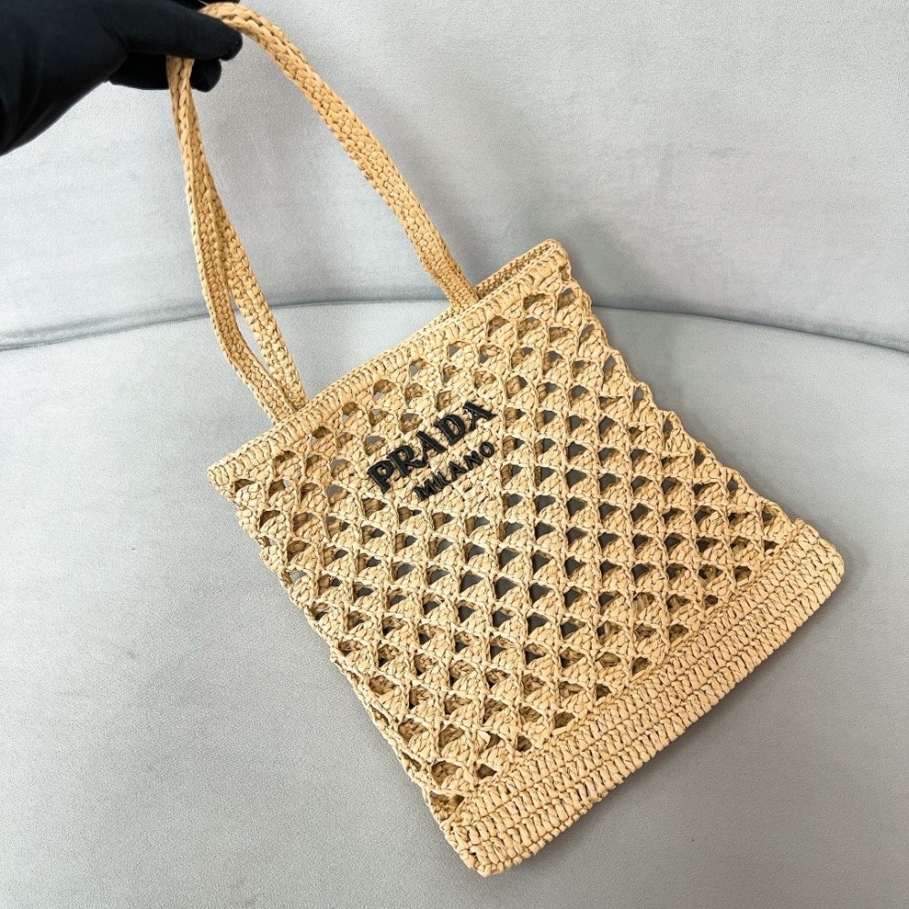 Prada Crochet Tote Bag in Beige Raffia-effect Yarn LDBS244699