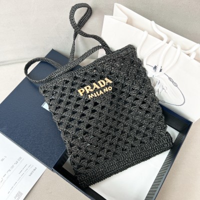 Prada Crochet Tote Bag in Black Raffia-effect Yarn LDBS244700