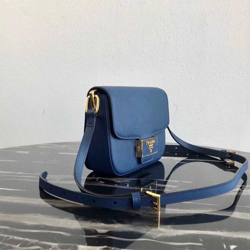 Prada Embleme Shoulder Bag In Blue Saffiano Leather LDBS244718