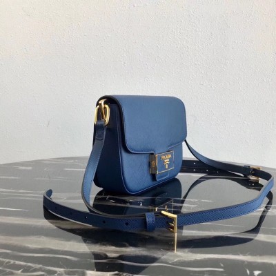 Prada Embleme Shoulder Bag In Blue Saffiano Leather LDBS244718