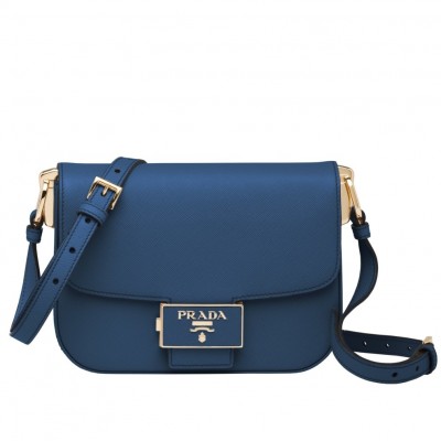 Prada Embleme Shoulder Bag In Blue Saffiano Leather LDBS244718