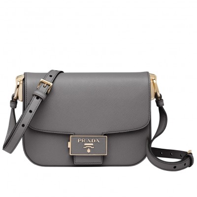 Prada Embleme Shoulder Bag In Grey Saffiano Leather LDBS244719