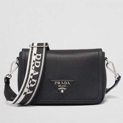 Prada Flap Shoulder Bag in Black Grained Leather LDBS244723