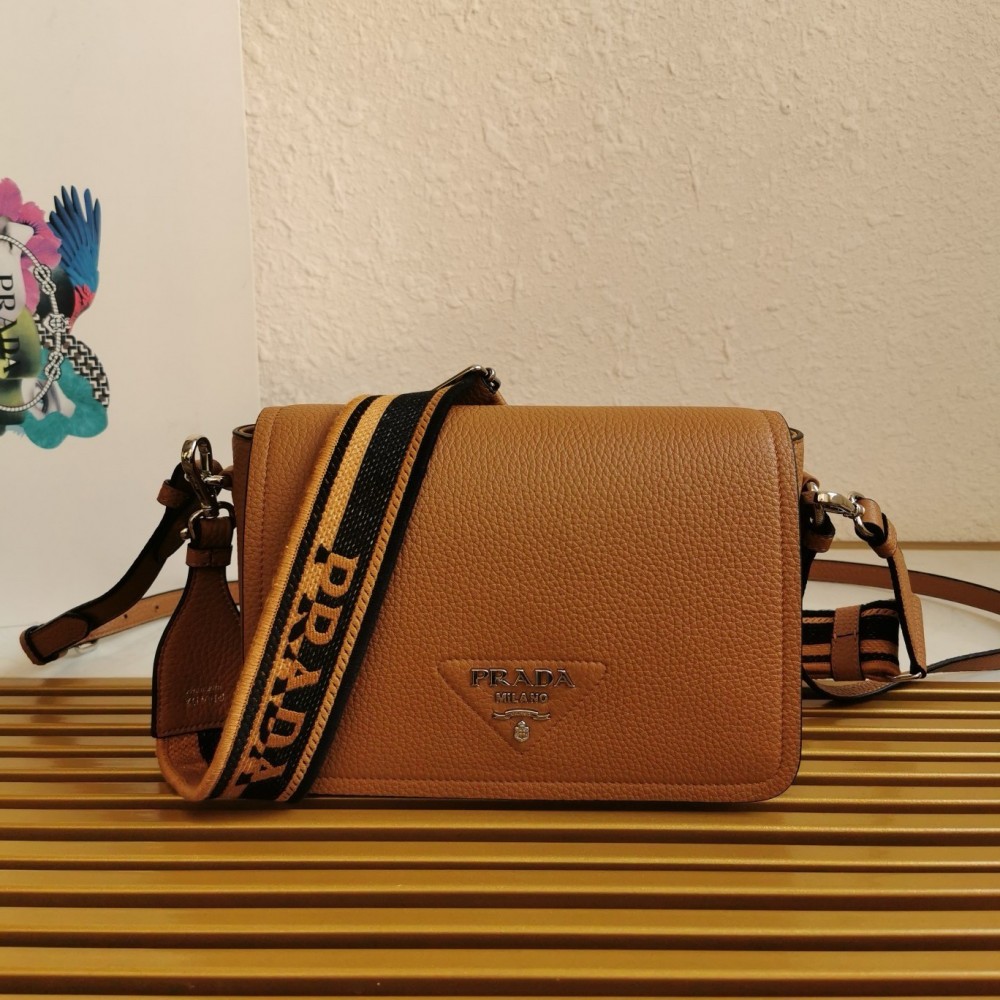 Prada Flap Shoulder Bag in Brown Grained Leather LDBS244724