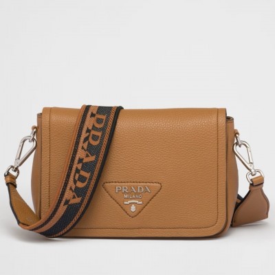 Prada Flap Shoulder Bag in Brown Grained Leather LDBS244724