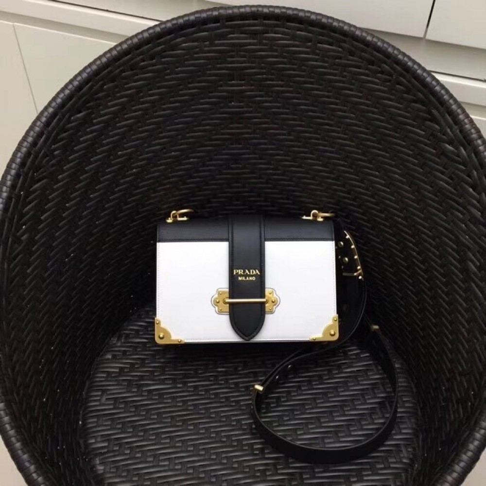 Prada Large Cahier Bag In White/Black Leather LDBS244753