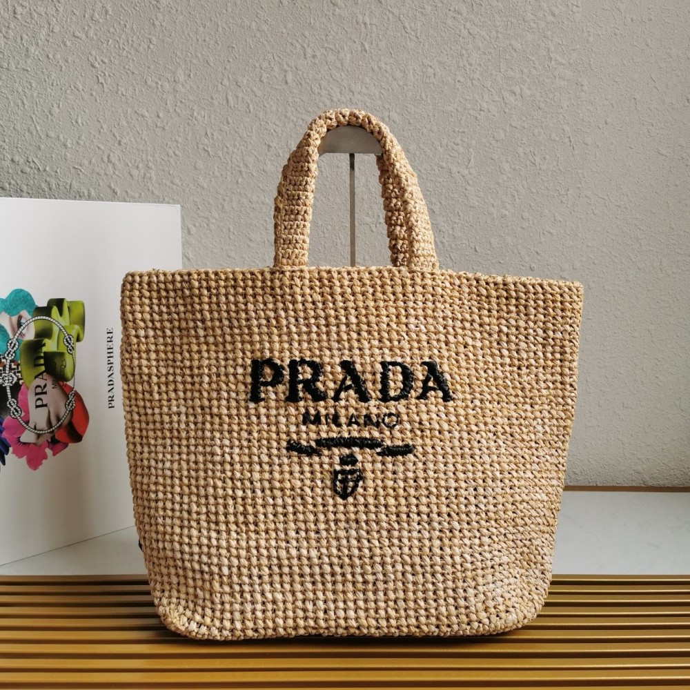 Prada Large Crochet Tote Bag in Beige Raffia-effect Yarn LDBS244754