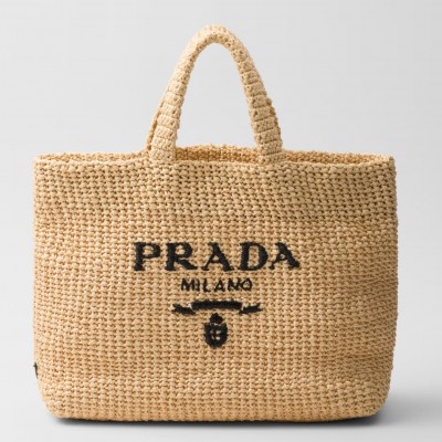 Prada Large Crochet Tote Bag in Beige Raffia-effect Yarn LDBS244754