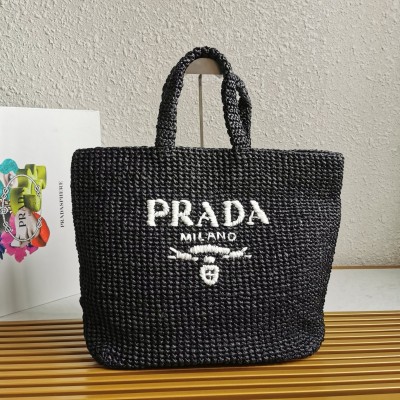 Prada Large Crochet Tote Bag in Black Raffia-effect Yarn LDBS244755