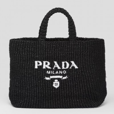 Prada Large Crochet Tote Bag in Black Raffia-effect Yarn LDBS244755