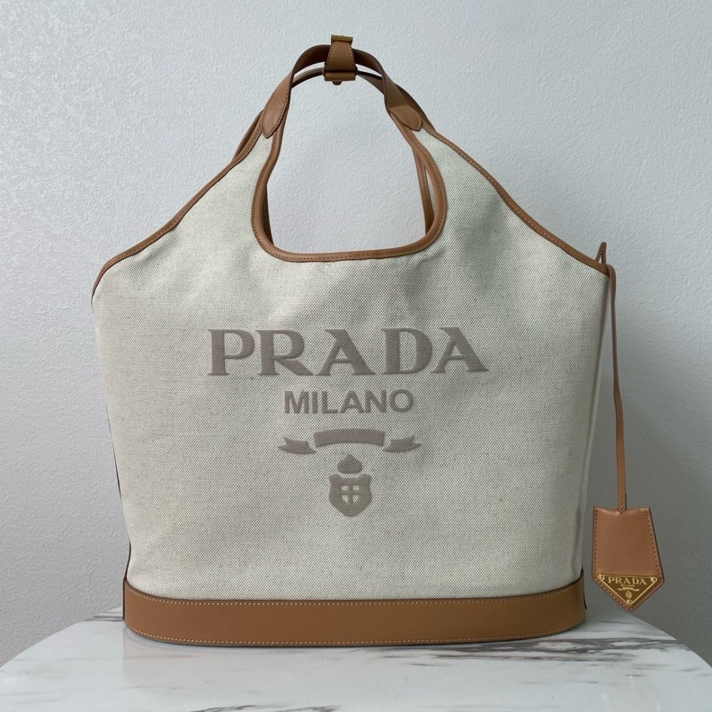 Prada Large Tote Bag in Linen Blend and Leather LDBS244776