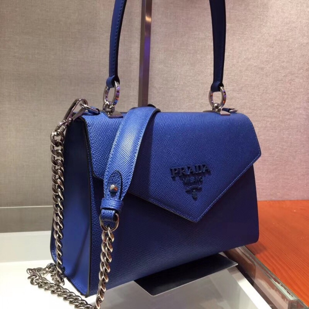 Prada Monochrome Top Handle Bag In Blue Saffiano Leather LDBS244813