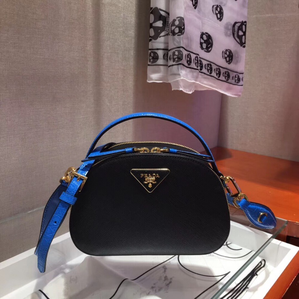 Prada Odette Black Saffiano And Blue Crocodile Bag LDBS244826