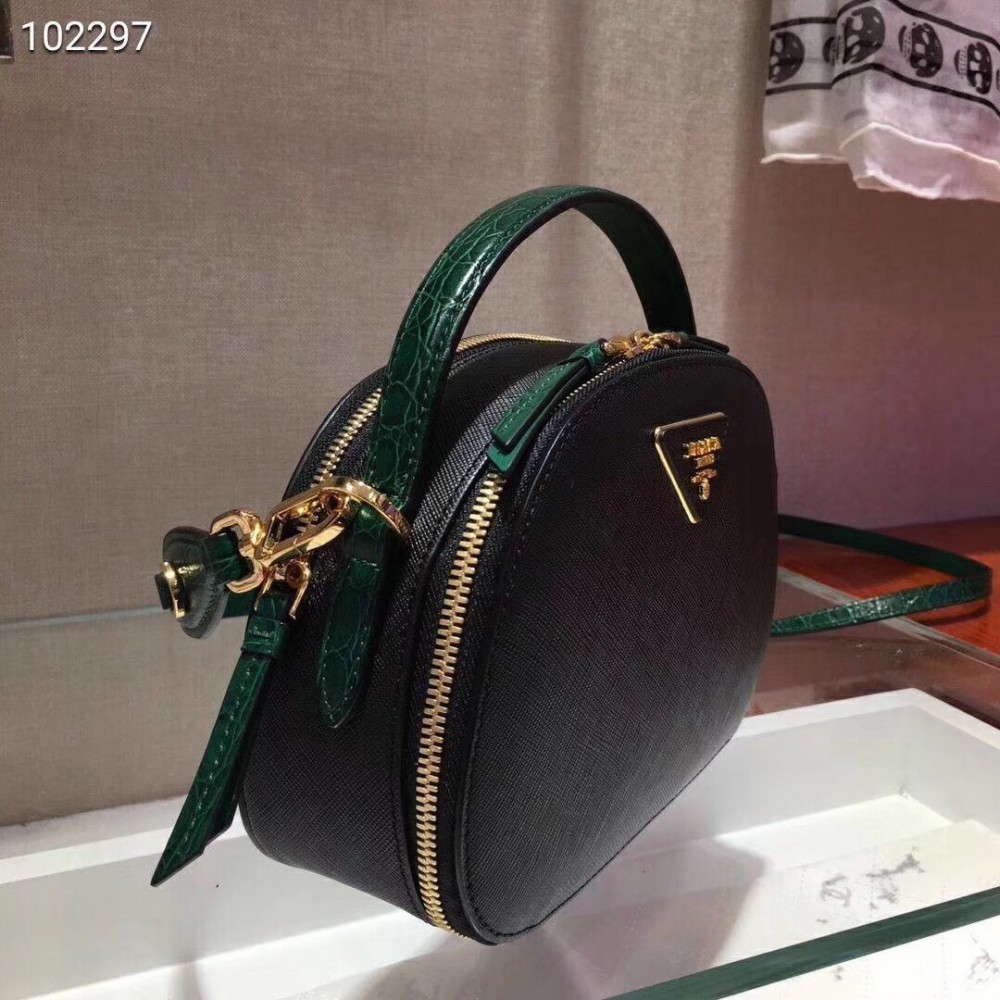 Prada Odette Black Saffiano And Green Crocodile Bag LDBS244827