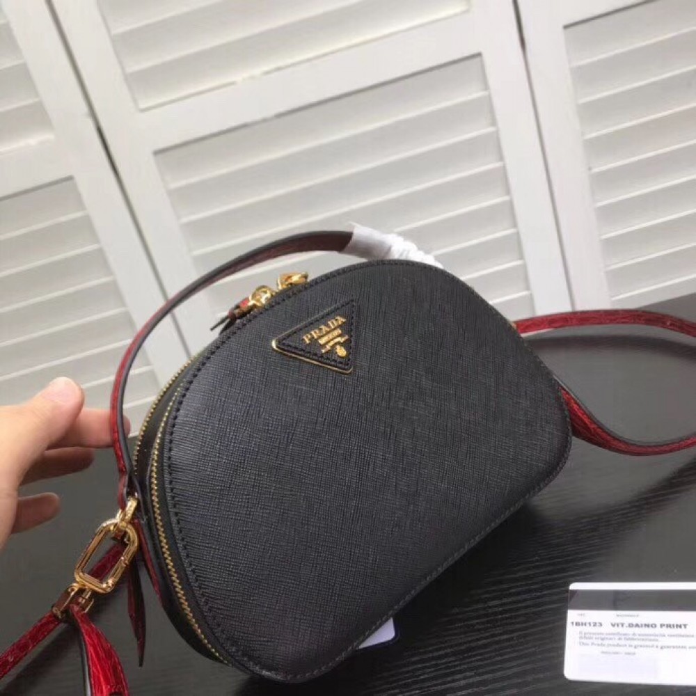 Prada Odette Black Saffiano And Red Crocodile Bag LDBS244828