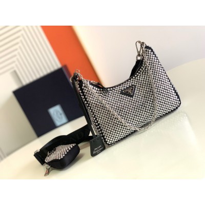 Prada Re-Edition 2005 Bag In Black Satin with Crystals LDBS244858