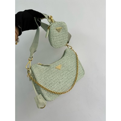 Prada Re-Edition 2005 Crochet Bag in Aqua Raffia LDBS244859