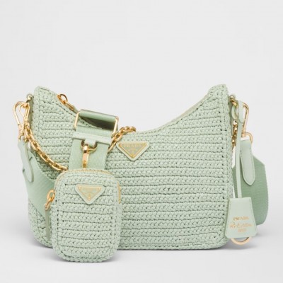 Prada Re-Edition 2005 Crochet Bag in Aqua Raffia LDBS244859