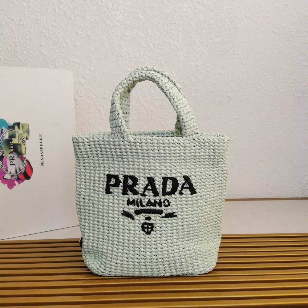 Prada Small Crochet Tote Bag in Aqua Raffia-effect Yarn LDBS244900