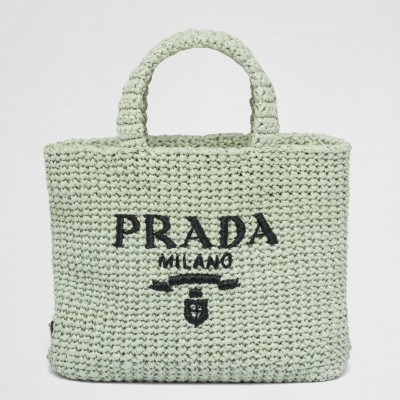 Prada Small Crochet Tote Bag in Aqua Raffia-effect Yarn LDBS244900