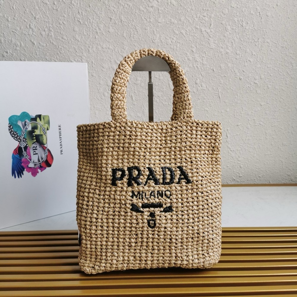 Prada Small Crochet Tote Bag in Beige Raffia-effect Yarn LDBS244901