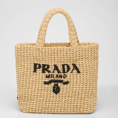 Prada Small Crochet Tote Bag in Beige Raffia-effect Yarn LDBS244901