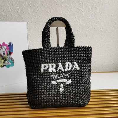 Prada Small Crochet Tote Bag in Black Raffia-effect Yarn LDBS244902