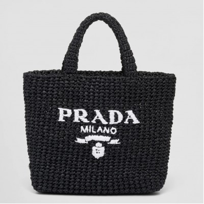 Prada Small Crochet Tote Bag in Black Raffia-effect Yarn LDBS244902