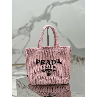 Prada Small Crochet Tote Bag in Pink Raffia-effect Yarn LDBS244903