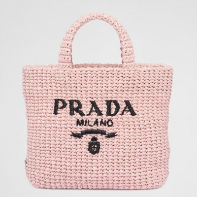 Prada Small Crochet Tote Bag in Pink Raffia-effect Yarn LDBS244903