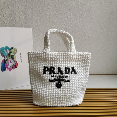 Prada Small Crochet Tote Bag in White Raffia-effect Yarn LDBS244904