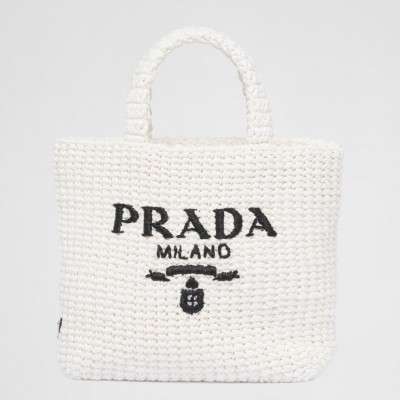 Prada Small Crochet Tote Bag in White Raffia-effect Yarn LDBS244904