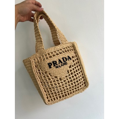 Prada Small Crochet Tote in Beige Raffia-effect Yarn LDBS244905