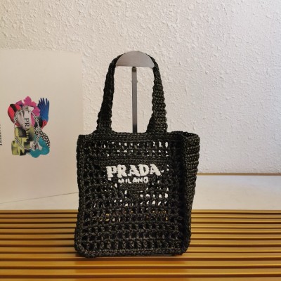 Prada Small Crochet Tote in Black Raffia-effect Yarn LDBS244906