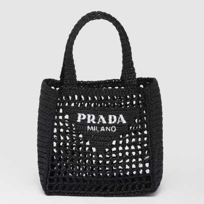 Prada Small Crochet Tote in Black Raffia-effect Yarn LDBS244906