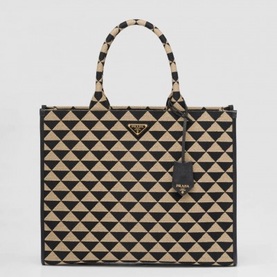 Prada Symbole Large Bag In Black/Beige Jjacquard Fabric LDBS244939