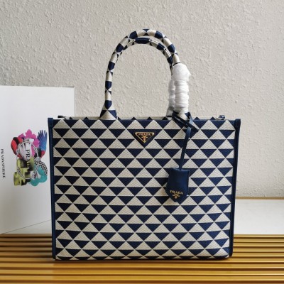 Prada Symbole Large Bag In White/Blue Jjacquard Fabric LDBS244942