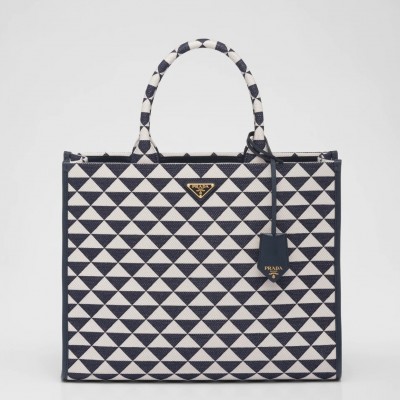 Prada Symbole Large Bag In White/Blue Jjacquard Fabric LDBS244942