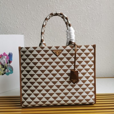 Prada Symbole Large Bag In White/Brown Jjacquard Fabric LDBS244943