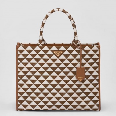 Prada Symbole Large Bag In White/Brown Jjacquard Fabric LDBS244943