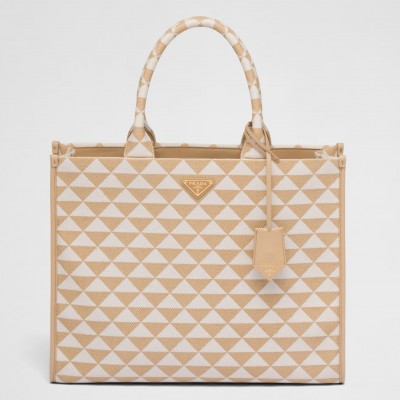 Prada Symbole Large Bag in Beige and White Jacquard Fabric LDBS244938