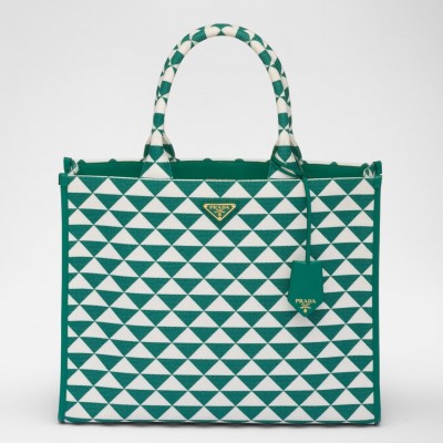 Prada Symbole Large Bag in Green and White Jacquard Fabric LDBS244940