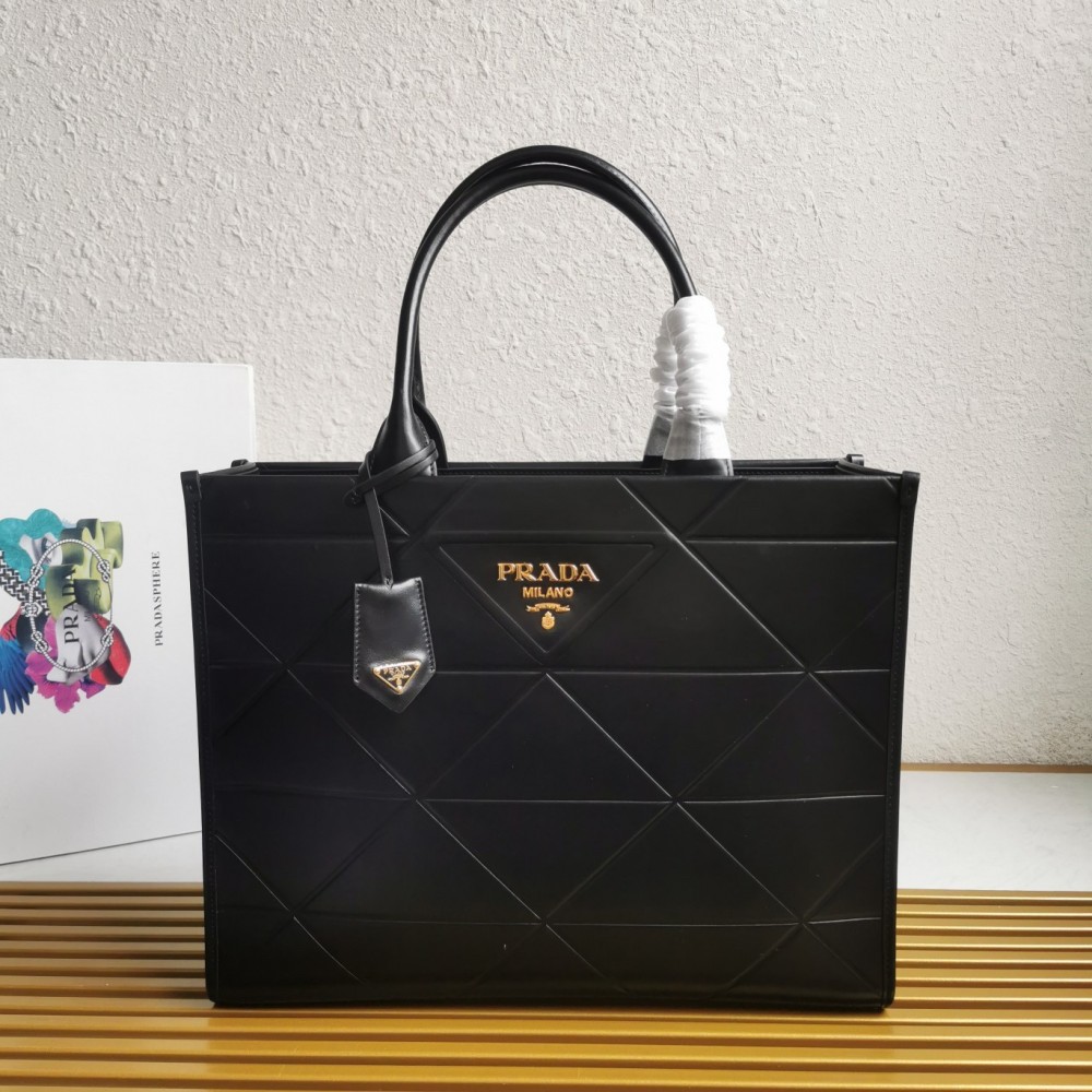 Prada Symbole Large Bag with Topstitching in Black Leather LDBS244944